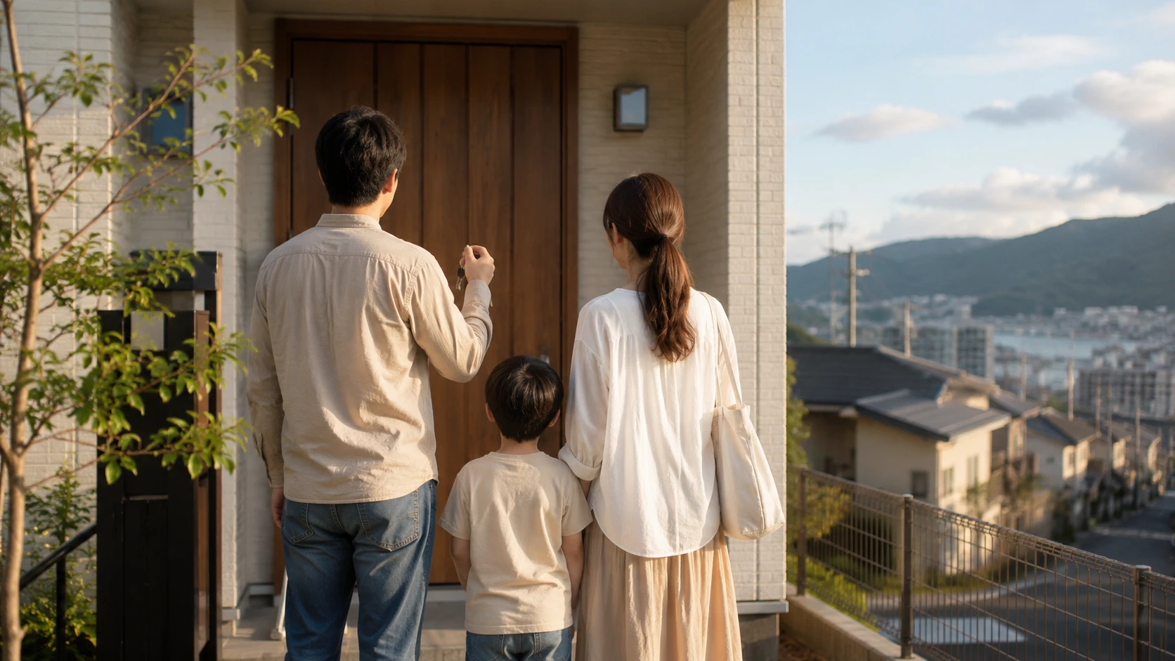新居の前に立つ家族